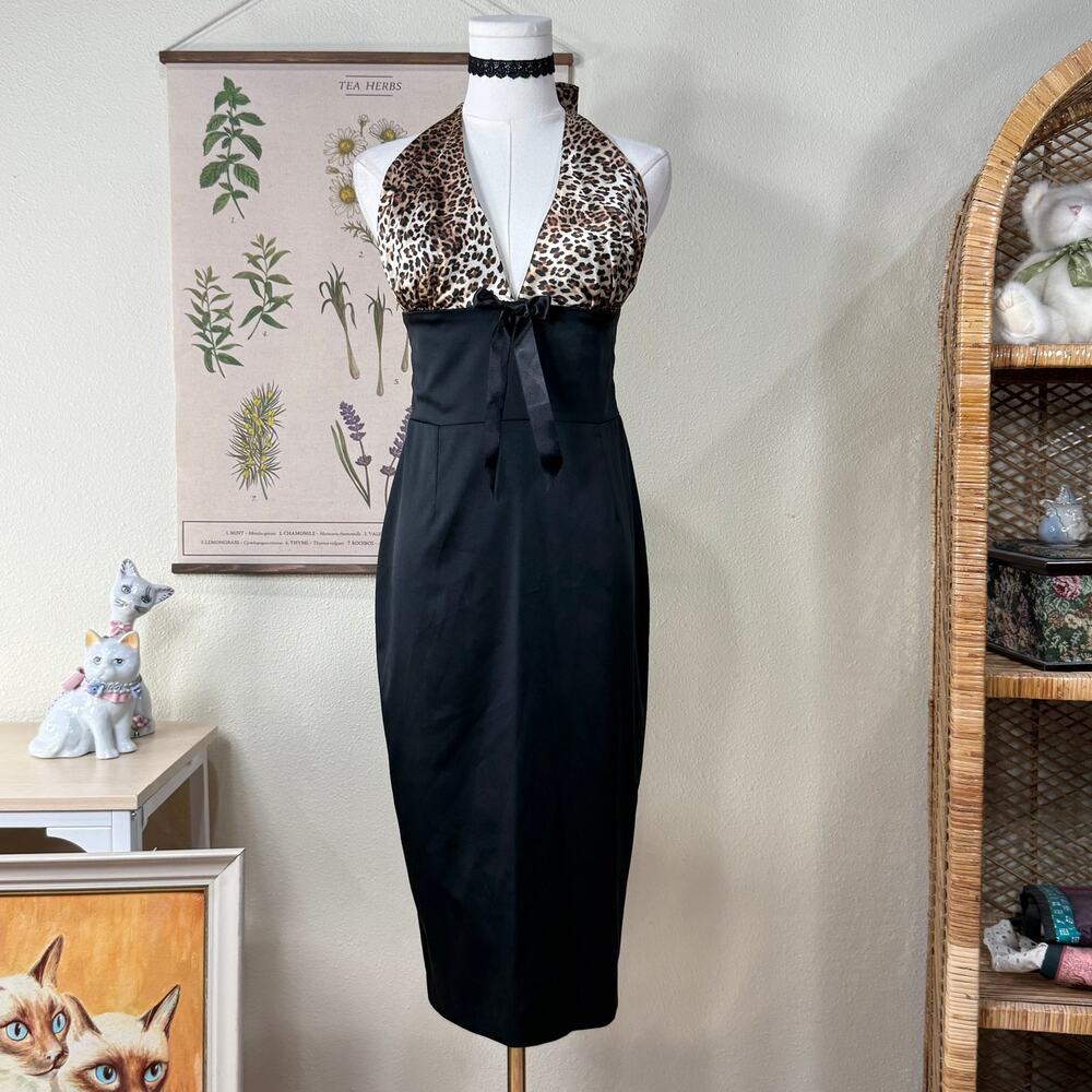 Y2k Leopard Bow Halter Bodycon Wiggle Dress Sexy Trashy Gyaru Bimbo Rockabilly S